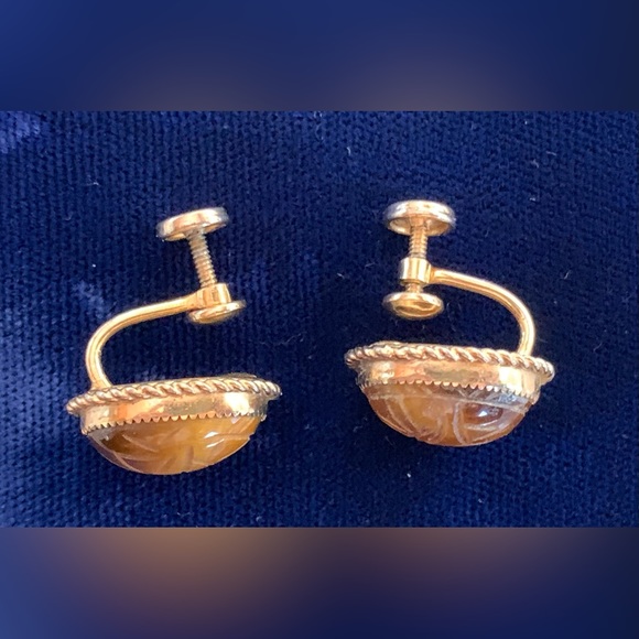 Vintage D’or 1/20 12k Gold Filled Tigers Eye Scarab Earrings - Picture 2 of 4